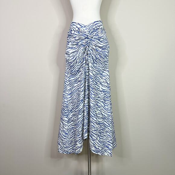 PAPER London | Sisi Linen Zebra Striped Blue Cream Scrunched Maxi Skirt 8 - Picture 2 of 10